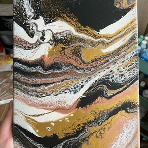 Abstract Canvas Art with Gold, Black, and White Swirls